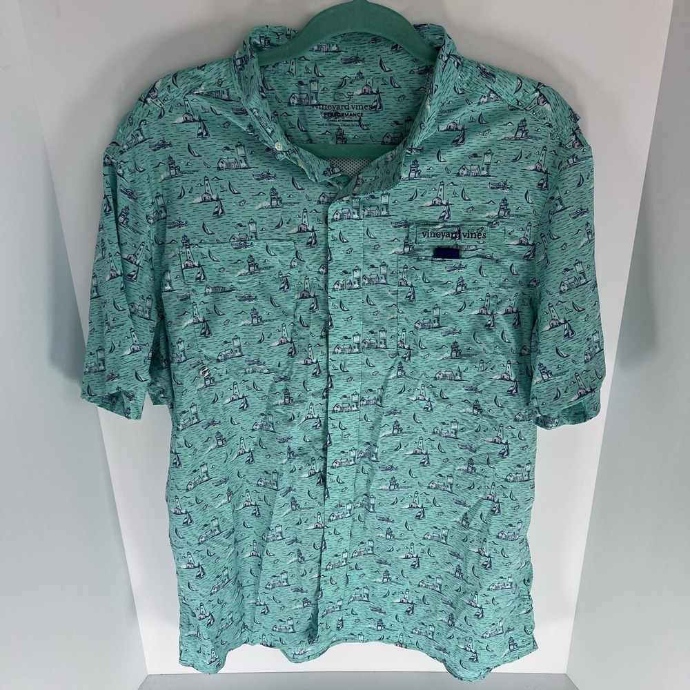 Vineyard Vines Performance Seafoam AOP Lighthouse Sailboat Button-Down Shirt Lrg